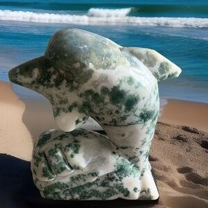 Moss Agate Dolphin Crystal Carving